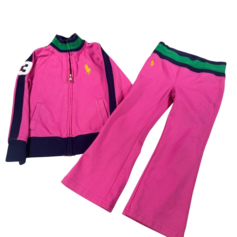 Ralph Lauren Girls Pink Navy Tracksuit Set Jacket Flare Pants 4 4T Sporty Preppy